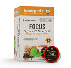 BareOrganics FOCUS COFFEE (Organic, Fair Trade) with Superfoods and Probiotics (Keurig® K-Cup® Compatible) 12ct Single Serve Cups