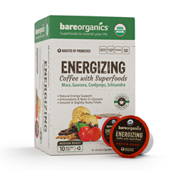 BareOrganics ENERGIZING COFFEE (Organic, Fair Trade) with Superfoods and Probiotics (Keurig® K-Cup® Compatible) 12ct Single Serve Cups